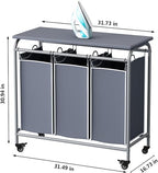 LINZINAR 3 Bag Laundry Basket Sorter Heavy Duty Rolling Lockable Wheels Laundry Hamper Cart with Ironing Board and Removable Bags, Grey - size: 3 Bags Grey with Board