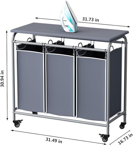 LINZINAR 3 Bag Laundry Basket Sorter Heavy Duty Rolling Lockable Wheels Laundry Hamper Cart with Ironing Board and Removable Bags, Grey - size: 3 Bags Grey with Board