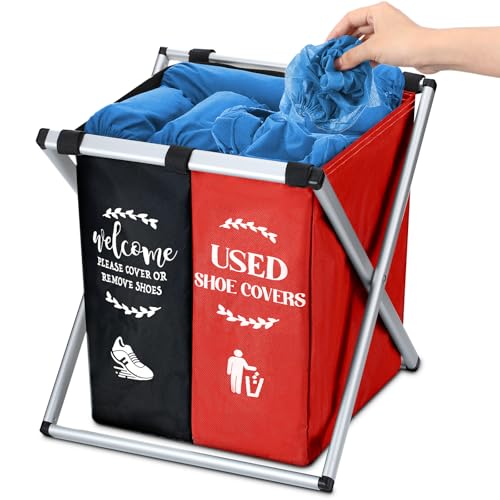 Wonderjune Foldable Disposable Shoe Cover Box Dispenser Fabric Storage Bin Holder with Used Shoe Covers and Welcome Please or Remove Sign for Open House Supplies(Black, Red) - color: Black, Red