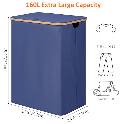 efluky Laundry Hamper with Lid, Trio Laundry Hamper with 3 Removable Bags, 3 Section Laundry Basket with Bamboo Handles for Bathroom, Bedroom & Laundry Room, 160L Blue - color: Blue, size: 160L Trio