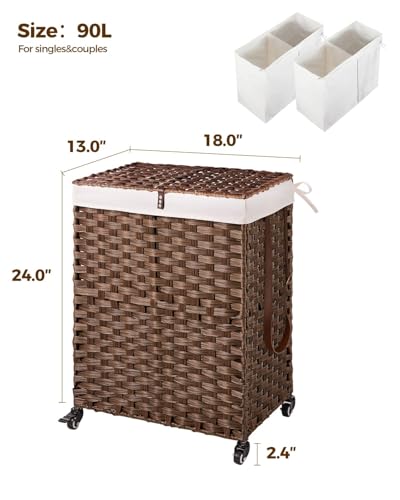 Greenstell Laundry Hamper with Wheels, No Install Needed, 90L Divided Handwoven Hampers & 2 Removable Liner Bags, Synthetic Rattan Clothes Laundry Basket with Lid & Handles, Foldable Hampers Brown - color: Brown, size: 90L: 18.3x13.5x26.4 Inches