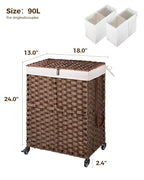 Greenstell Laundry Hamper with Wheels, No Install Needed, 90L Divided Handwoven Hampers & 2 Removable Liner Bags, Synthetic Rattan Clothes Laundry Basket with Lid & Handles, Foldable Hampers Brown - color: Brown, size: 90L: 18.3x13.5x26.4 Inches