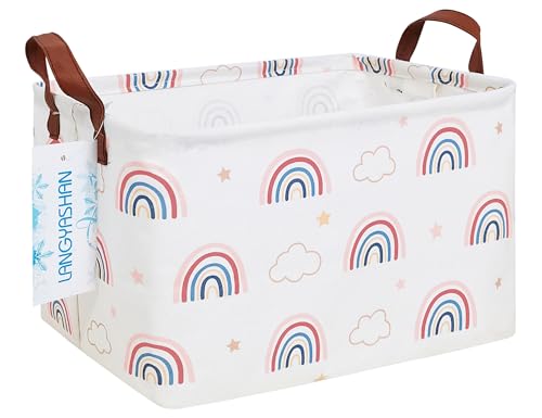 LANGYASHAN Rectangular Storage Bin Collapse Canvas Fabric Cartoon Storage Basket with Handles for Organizing Home Kitchen Boys and Girls Toys Office Closet Shelf Baskets(Rec Cloud Rainbow) - color: Rec Cloud Rainbow