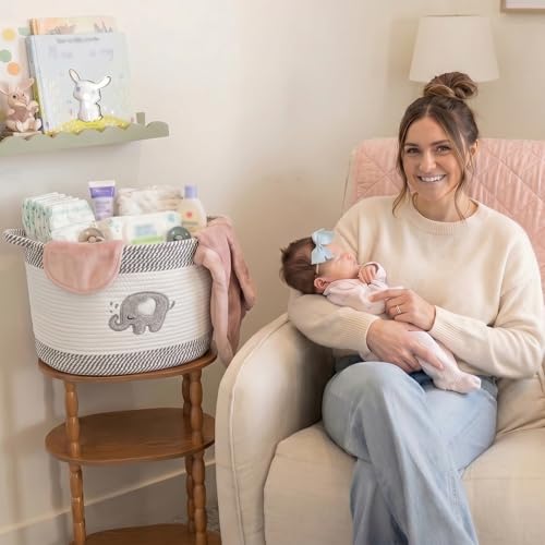 Baby Laundry Basket for Nursery, Baby Storage Baskets, Soft Foldable Cotton Rope Bin with Cute Embroidered Designs for Home Toys Organizer - color: Elephant
