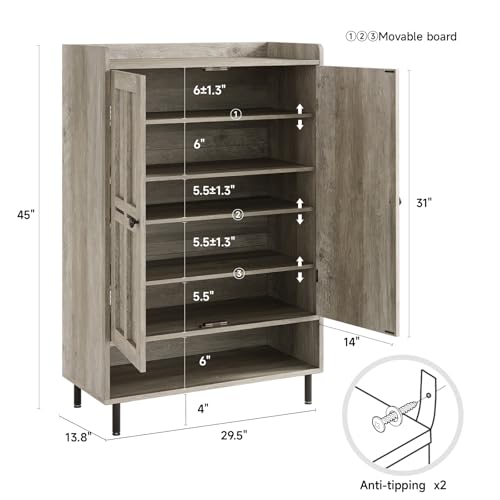 ComfyCorner Grey 7+1 Tier Farmhouse Shoe Storage Cabinet - 45" Tall Entryway Organizer with Cross Molding Doors, 3 Adjustable Shelves & Metal Legs, Shoe Rack for Front Door Entrance - color: Grey