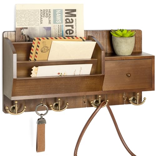 Key Holder Wall Mount with Mail Sorter - Modern Farmhouse Key and Mail Organizer with Hooks and Mini Drawer for Home Decor - Rustic Apartment Essentials for Home Improvement (Brown & Golden Hooks) - color: Brown&Golden Hooks