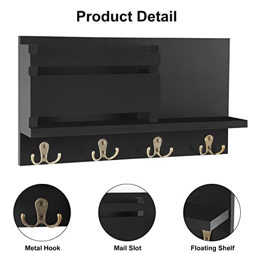 Key and Mail Holder for Wall Decorative - Rustic Mail Organizer Wall Mount, Wooden Letter Sorter Organizer with 4 Key Rack Hooks for Hallway Kitchen Farmhouse Decor (16.5” x 9.1” x 3.4”) (Black) - color: A - Black