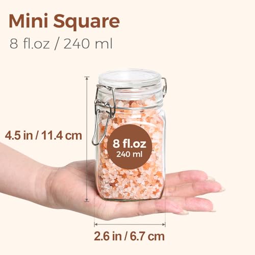 ComSaf Set of 6 Square Glass Jars with Airtight Lids (8 Oz), Pantry Canisters for Spices, Jams, & Herbs, Wire Clamp Jar for Overnight Oats, Pickling, Favors, Includes Labels & Funnel - size: 8oz*6