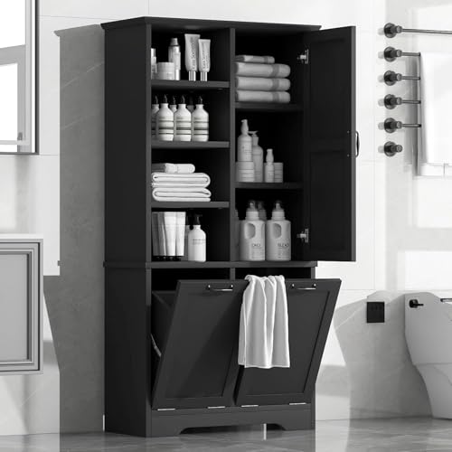 Virubi Tall Bathroom Laundry Hamper Cabinet with 2 Tilt Out Hamper, Wood Tall Bathroom Laundry Room Storage Cabinet with Adjustable Shelves, Freestanding (Black) - color: Black, size: 31"x14"x68"