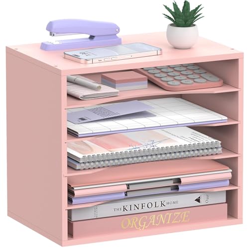 5-Tier Wood Desk Organizer, Paper Tray Organizer for Desk with Adjustable Storage Shelves, Desktop File Organization Paper Sorter Mail Holder for Office Home Classroom, Pink - color: Pink, size: 5 Tier