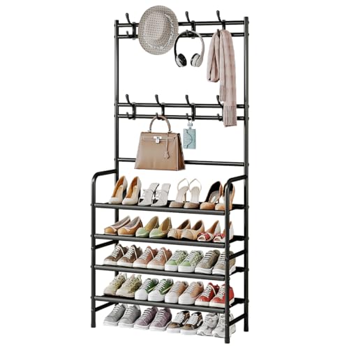 Coat Rack Shoe Rack With Storage Shelf Freestanding with 8 Hooks for Entryway Bedroom Closet 4 Tier, Black - color: Black