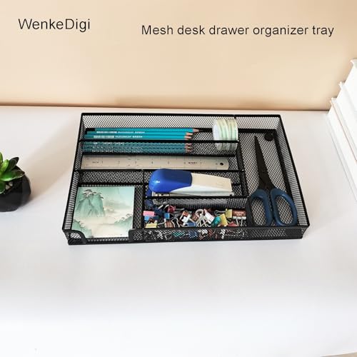 Metal Mesh Desk Drawer Organizer Tray, 6-Compartment Office Drawer Organizer for Pens Supplies, 12.6"x8.27"x1.57" Black - color: 1pc packed black