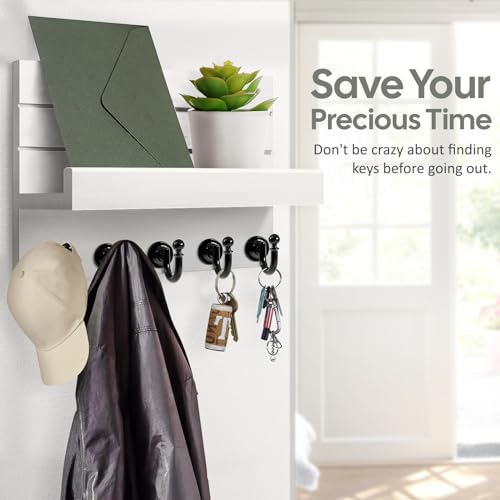 HONJIN Key Holder for Wall: Easy Installation Mail Organizer Wall Mount Hanging Key Rack for Kitchen and Entryway Decor with 5 Sturdy Key Hooks (White) - color: White