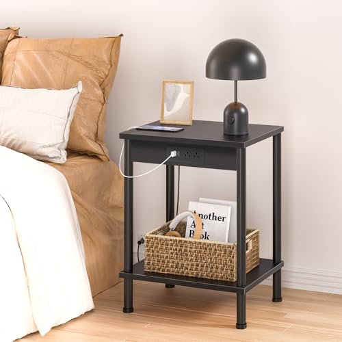 YUFAM End Table with Charging Station,Small Side Table,2-Tier Nightstand with Storage Shelf,Sofa Bedside Table for Small Spaces in Living Room,Bedroom,Office,Easy Assembly,Black - color: Black, style: 2pcs With Plug