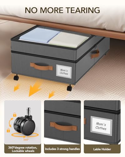 Under Bed Storage with Wheels, 10 inches Under Bed Storage Containers, 65L XXL Large Adjustable Underbed with Lids, Rolling Underbed Storage bins for Shoes, Clothes, Blankets, Grey - color: Grey