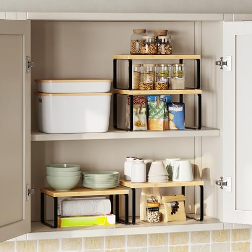 HOOBRO Cabinet Organizer Shelf, Set of 4 Kitchen Counter Shelves, Expandable Kitchen Storage, Stackable Bamboo Spice Rack, for Kitchen, Countertop, Office Desk, Bathroom, Natural and Black YB30TLP201 - color: Natural, Black