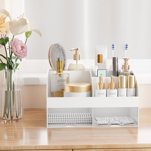 Makeup Organizer with Drawers, Cosmetic Storage for Dresser Vanity and Bathroom Countertop, Beauty Holder for Lipstick Brush, Skincare Organizer for Vanity, Cosmetic Display Case (White-2P) - color: White-2Pack