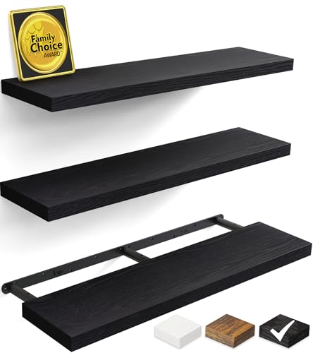 BAYKA Floating Shelves for Wall, Set of 3, 36 Inches Long Wall Mounted Rustic Wood Shelves for Bathroom, Bedroom, Living Room or Kitchen, for Book/Storage/Decor with 30lbs Capacity - Black - color: A. Black - Universal Classic Style, size: 36inches