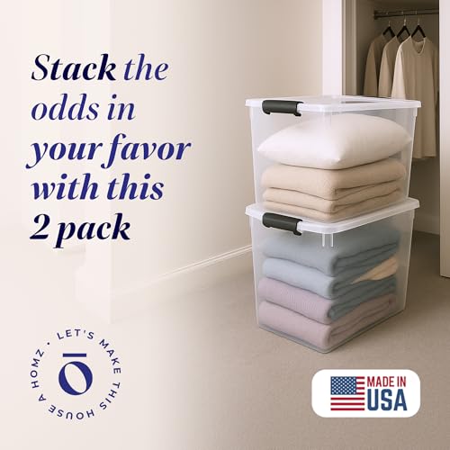 HOMZ 2-Pack Latching Lid, Large Clear Plastic Storage Bins w/Lids, 112 Quart, Gray Latch - Stackable Container Boxes for Home, Bathroom, and Office Organization - color: Gray, size: 112 QT (2 Pack)