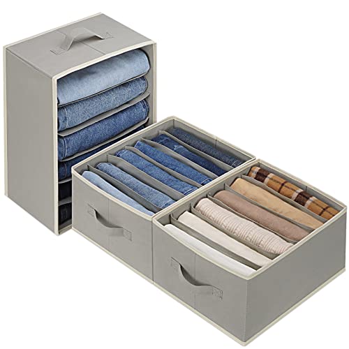 3 Pcs Large Size Wardrobe Clothes Organizers 6 Grids for Pants, Jeans, Sweater, T-shirt, Thin Coat, Dress Stackable Closet Drawer Organizer Storage Bin Container with Sturdy Handles, Grey - color: Grey, size: 3 Pack