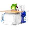 iCASA Trash Bag Dispenser Under Sink Organizer, 2-in-1 Acrylic Trash Bags Holder with Bamboo Lid, Holds Large Rolls up to 100 Count, Garbage Bag Storage Container for Kitchen, Pantry, Laundry Room - size: 2 in 1