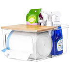 iCASA Trash Bag Dispenser Under Sink Organizer, 2-in-1 Acrylic Trash Bags Holder with Bamboo Lid, Holds Large Rolls up to 100 Count, Garbage Bag Storage Container for Kitchen, Pantry, Laundry Room - size: 2 in 1