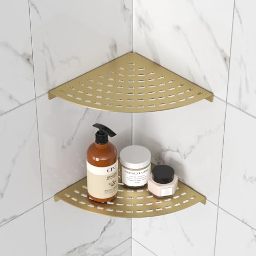 2 Pack Corner Shower Shelves 304 Stainless Steel Shower Corner Shelf Brushed Gold Bathroom 8 in Prevent Rust Drilling Installation - color: Brushed Gold