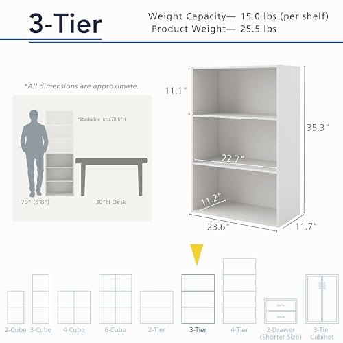 Homes: Inside + Out Apexa 3-Tier Cube Storage Organizer Shelves, Stackable Wood Bookcase Fits Cubby Bins for Organization, Dorm Teen Room Decor & Home Office, White - color: White, size: 3-Tier