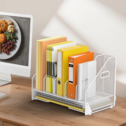Docnest Desk File Holder Sorter, 5 Vertical Compartments Rack with Letter Tray, Mesh Magazine File Holder with Handle,Workspace Organizers,Desk Organizers for Paper, Mail, Documents-White - color: White-5 Compartments