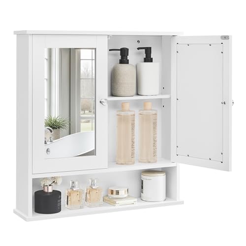 VASAGLE Bathroom Cabinet with Mirror, Wall Cabinet with 2 Mirrored Doors, Adjustable Shelf, Open Compartment, Wall-Mounted, 5.1 x 22.2 x 23 Inches, White ULHC002 - color: White, size: 5.1"D x 22.2"W x 23"H