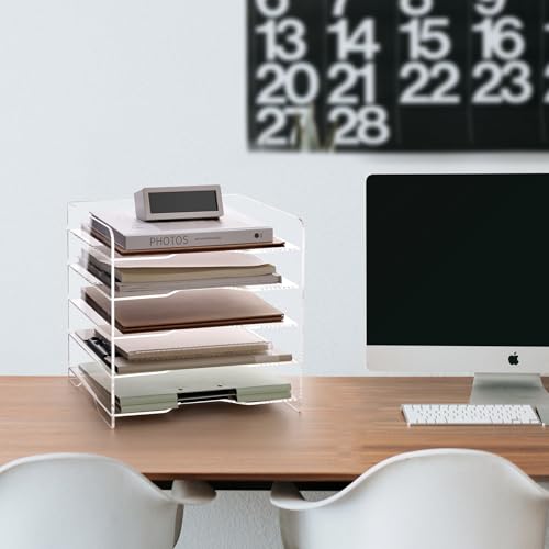 SANRUI Acrylic Desk File Organizer 5 Tier Letter Tray Paper Organizer with Handle for Office, Home, Classroom Clear Desk Organizer Document Holder - style: Enlarged File Tray 5 Tier
