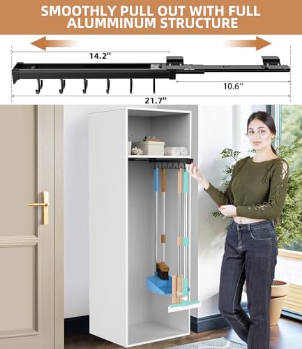 Pull Out Broom Holder With Adjustable Double Row Sliding Hook, Multifunctional Slide Broom And Mop Storage/Organizer Garage Organization Hooks, for Closet Laundry Garage - 36cm/14.17in - color: Black, size: 14.17 inches