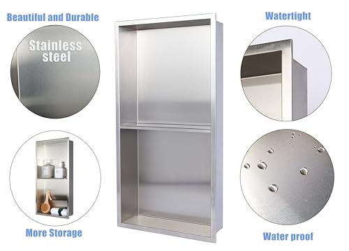 Stainless Steel no Tile Needed Metal Niche,Double Shelves，Stainless Steel Finished Shower Insert Wall Niche(Brush, 24 * 12 in) - color: Brush, size: 24 * 12 in