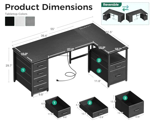Coleshome L Shaped Computer Desk with 6 Drawers & Power Outlet, 55 Inch Corner Desk with Reversible Storage Shelf & File Drawer, Home Office Desk, Black - color: Black, size: 55 Inch