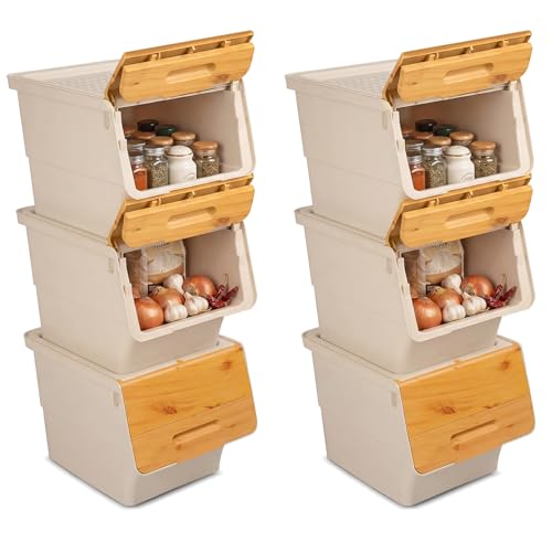 Giantex Plastic Stackable Storage Bins with Lids & Wheels, 6 Pack Open Front Stacking Bins, Organizer Bins for Pantry, Kitchen, Laundry, Closet, Playroom, Bedroom Organization （12.5 QT） - color: White + Natural, size: 6 Pack, 12.5 QT