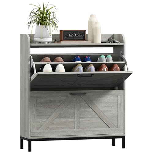HOMCOM Shoe Storage Cabinet with 2 Flip Drawers, Legs, Farmhouse Freestanding Narrow Shoe Cabinet, Slim Hidden Rack Organizer for Entryway, Hallway, Light Gray Wood Grain - color: Light Gray