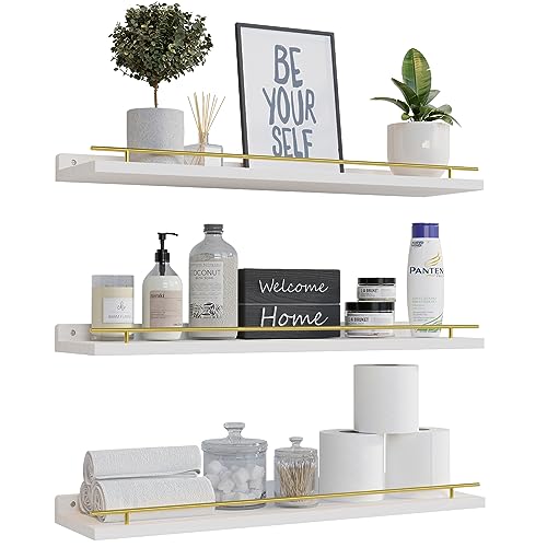 WOPITUES Floating Shelves 24 inch with Gold Metal Guardrail, Shelves for Wall Decor Set of 3, Wall Shelves for Bedroom, Bathroom, Kitchen, Living Room, Plants, Picture Frames, Art- White and Gold - color: White and Gold, size: 23.6 inch