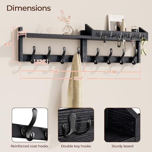Evermagin 35" Coat Rack Wall Mount with Shelf, 4 in 1 Coat and Key Hanger with 13 Metal Hooks, Entryway Wall Mounted Shelf with Mail Holder for Living Room, Bedroom, Black - color: Black, size: 35 Inch