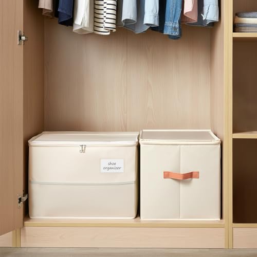 Shoe Organizer for Closet, Foldable Shoe Storage Organizer Containers with Clear Cover, Space Saving Shoes Holder with Handles, Beige (1, L) - color: Beige-1pcs Large