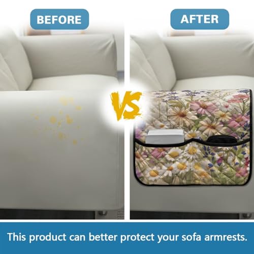 Butterfly Daisy Lavender Print Couch Arm Covers Dust Proof Recliner Armrest Organizer Polyester Sofa Arm Covers with 2 Side Storage Pocket for Magazine, Remote, Phone, Books - color: Butterfly Daisy Lavender