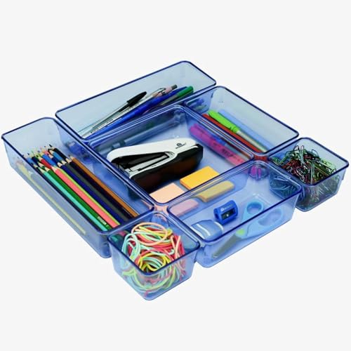 Acrimet Drawer Organizer Modular, Box Tray Storage Bins for Office, Home, Makeup, Kitchen, Junk Drawer (7 Units - 4 Sizes) (Clear Blue Plastic) - color: r.blue