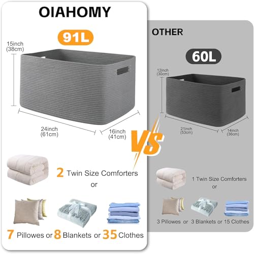 OIAHOMY XXLarge Rectangle Blanket Basket-96L, Cotton Woven Basket for Storage, Dirty Clothes Basket for Living Room, Nursery, Bedroom, Toy Organizing with Handle, 24" x 16" x 15", Dark Grey - color: Dark Grey, size: 24”x16”x15”