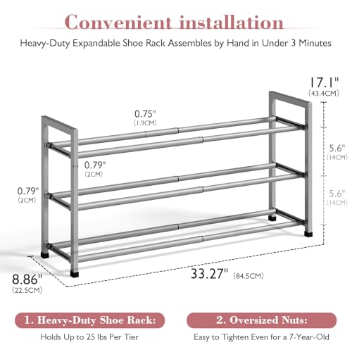 Bumusty 3-Tier Expandable Shoe Rack for Closet, 18“-33” Adjustable Shoe Rack for Small Space, Small Shoe Organizer for Front Door, Sturdy Metal, Light Grey - color: Light Grey, size: 3-Tier
