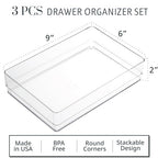 STORi SimpleSort 3-Piece Stackable Clear Drawer Organizer Set | 9" x 6" x 2" Rectangle Trays | Wide Makeup Vanity Storage Bins and Office Desk Drawer Dividers | Made in USA - size: 9x6x2"