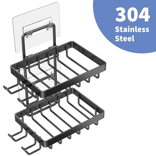 Moforoco Double Soap Bar Holder for Shower, No Drilling, 304 Stainless Steel, Wall Mounted Soap Holder with 4 Hooks and Razor Holder, Shower Rack Soap Tray Bar Soap for Bathroom Accessories Organizer - color: Black, size: 2-T