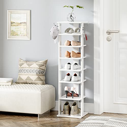 HOOBRO 8 Tiers Vertical Shoe Rack, Wooden Shoe Storage Organizer with Hooks, Narrow Shoe Tower for 8 Pairs, Space Saving, for Entryway, Living Room, Bedroom, White WT07XJ01G1 - color: White, size: 8 Tier (11"W)