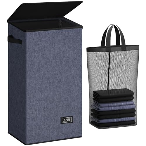 SOLEDI Laundry Hamper with Lid 100L Large & Tall Collapsible Laundry Basket, Clothes Hamper with Bag Removable Easy to Carry, Dirty Hampers for Bedroom, Bathroom, Dorm, College, Navy Blue - color: Navy Blue, size: 100L