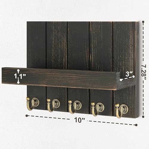 Rebee Vision Pine Wood Key Holder Wall Mount with Floating Shelf – Farmhouse Key Holder for Wall to Maximize Storage Solutions – Mail Organizer for Office Decor (3.54" x 10" x 7.28", Distressed Black) - color: Distressed Black, size: 10 Inch