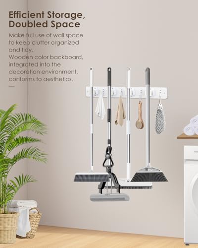 AceMining Broom Holder Wall Mounted, White 4 Holders and 4 Hooks Mop Holder, Wooden Mop and Broom Holder with Anti slip rubber, Natural pine wood Brush Holder, Mop Wall Holde with Nail installation - color: White, size: 1 Pack