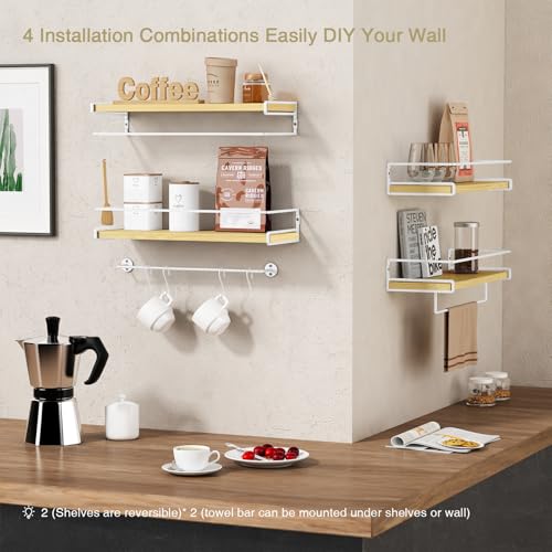 Forbena Floating Shelves for Wall with Rail, White and Natural Wood Nursery Book Shelves for Baby Girls Boys Kids Room Bedroom, Hanging Bookshelves Wall Mounted for Books, Toys, Bathroom (Set of 2) - color: 6. Natural-white